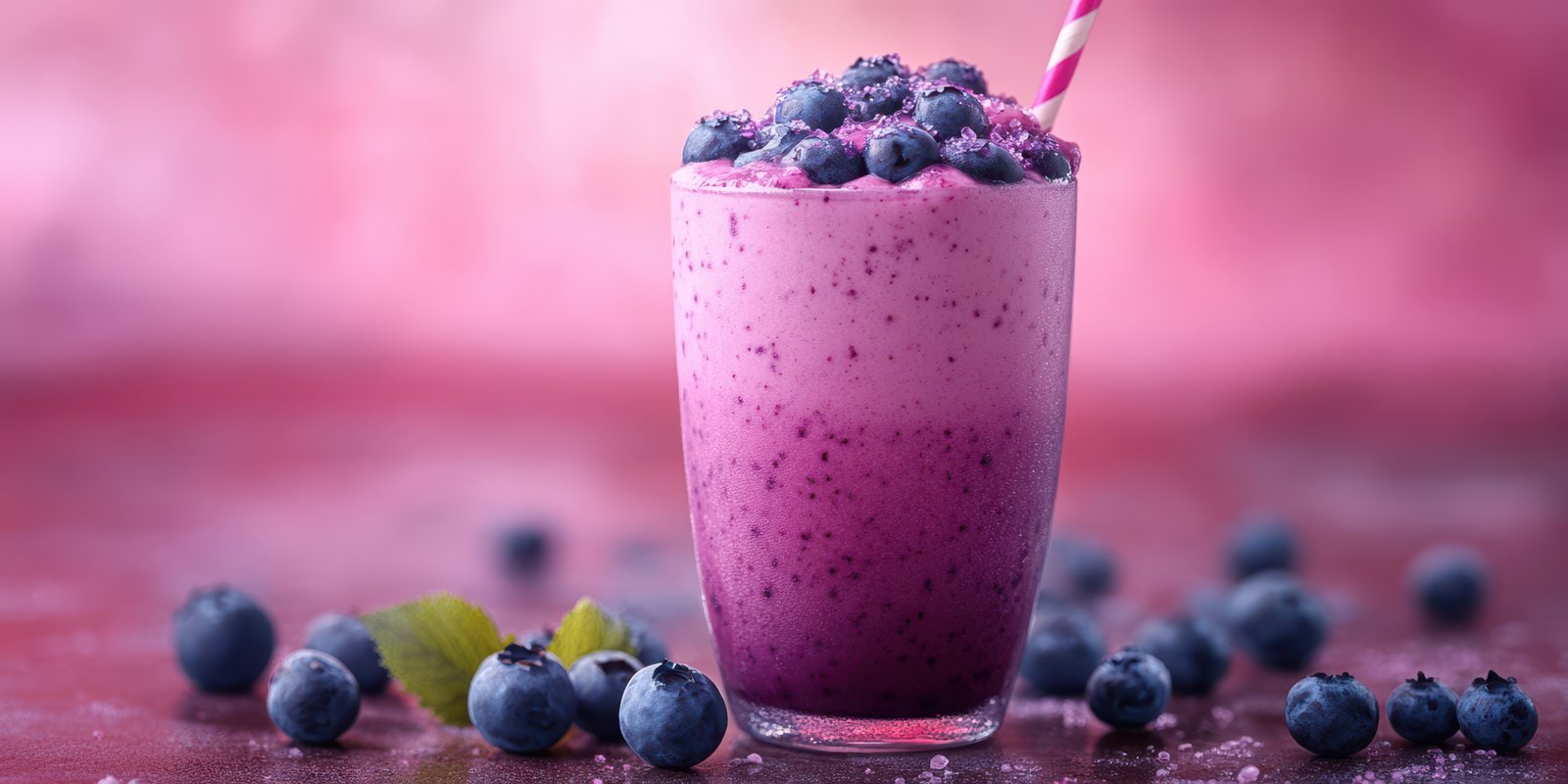 Refreshing blueberry smoothie served in a clear glass with a pink backdrop during summer